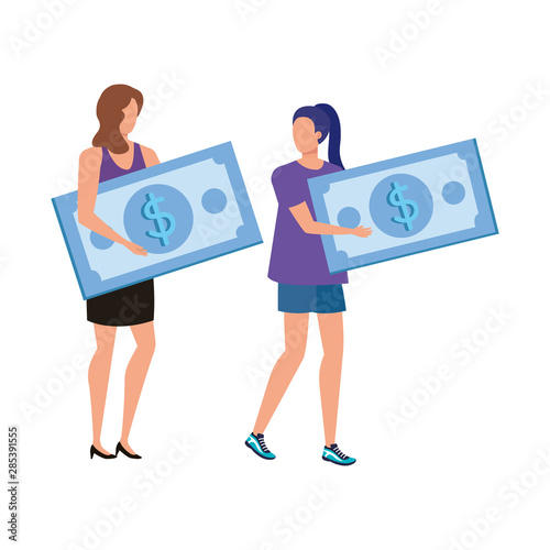 young women with bills dollars characters