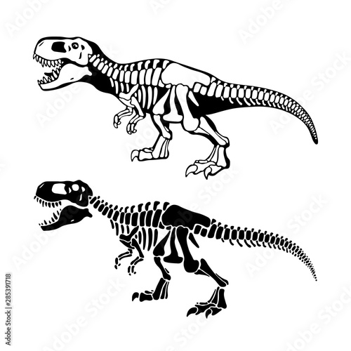 T rex dinosaurs bones negative space silhouette illustrations set