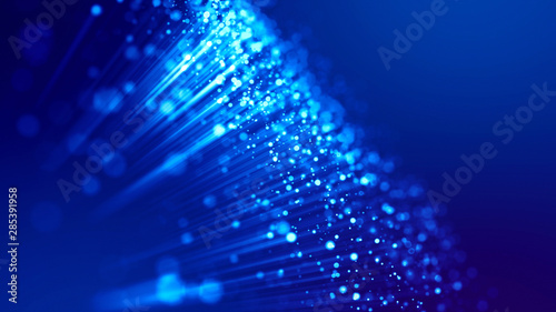 3d rendering of abstract blue background with glowing particles like micro world science fiction with depth of field and bokeh. Blue light rays like laser show for bright festive presentation