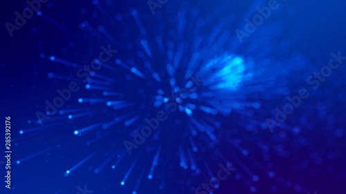 3d rendering of abstract blue background with glowing particles like micro world science fiction with depth of field and bokeh. Blue light rays like laser show for bright festive presentation © Green Wind