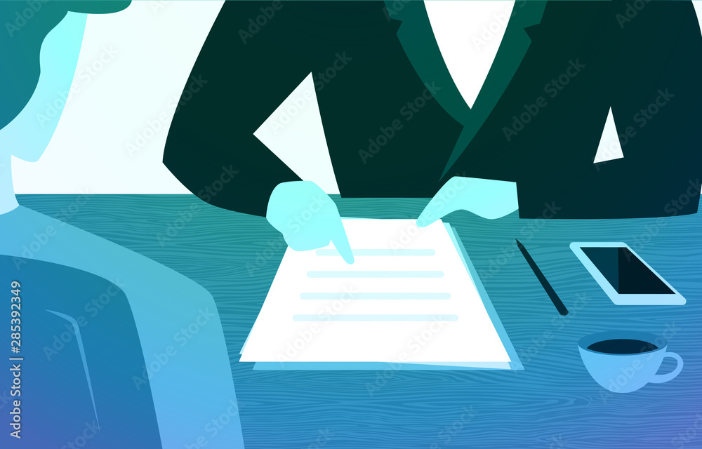 Obraz premium Boss Giving Instructions Explanations to Employee About File on Wooden Table Illustration