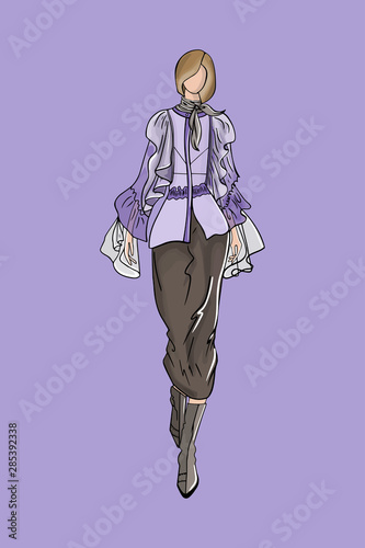 Vector fashion illustration of a girl model in fashionable clothes on a textural violet background