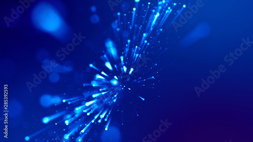 3d rendering of abstract blue background with glowing particles like micro world science fiction with depth of field and bokeh. Blue light rays like laser show for bright festive presentation