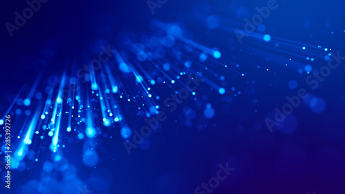 3d rendering of abstract blue background with glowing particles like micro world science fiction with depth of field and bokeh. Blue light rays like laser show for bright festive presentation