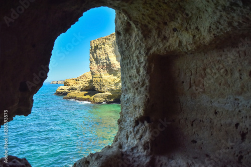 View from a stone grotto on the sea coast