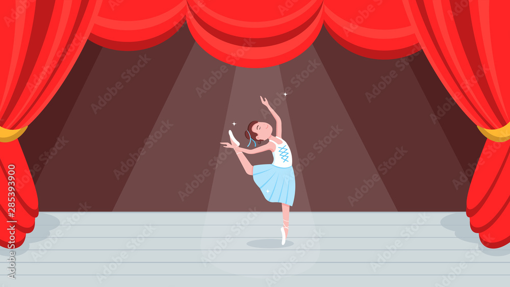 Φωτογραφία Open red curtains theater or ballet dance scene with price, curtains, scenery and young beautiful ballerina dressed in tutu and pointe shoes standing at the pose flat style design vector illustration