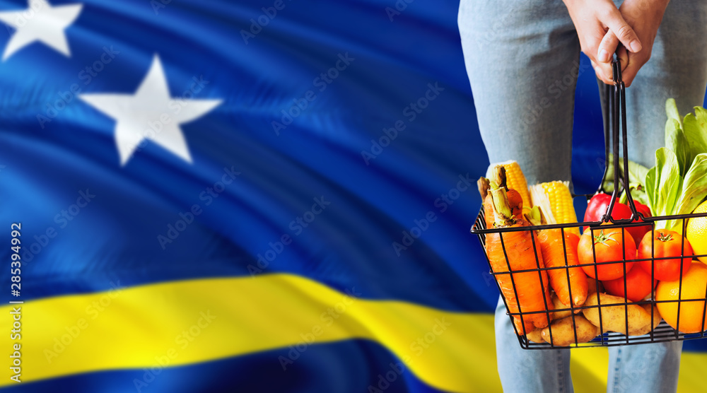 Woman is holding supermarket basket, Cyprus waving flag background