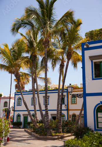 Gran Canaria, Spain - Typical architecture of Puerto de Mogan, a small fishing port of Gran Canaria. Colorfull flowers blooming around houses.