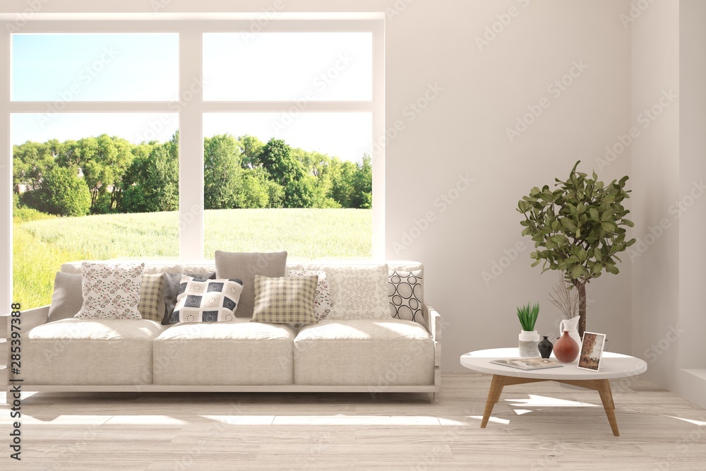Plakat Stylish room in white color with sofa and summer landscape in window. Scandinavian interior design. 3D illustration