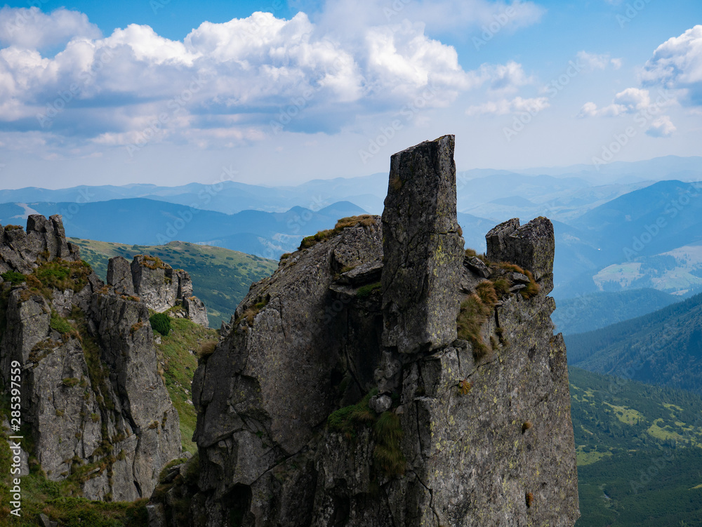 Mountain valley during sunrise / sunset. Natural summer landscape. Colorful summer landscape in the Carpathian mountains.