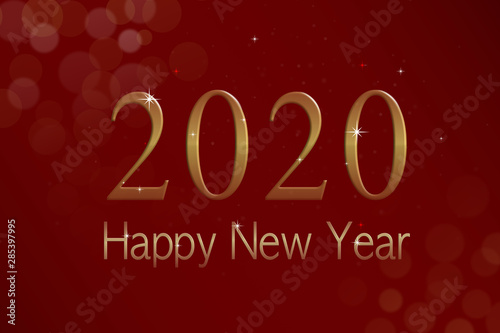 Happy New Year 2020 - New Year Shining background with gold bokeh and glitter on red background.