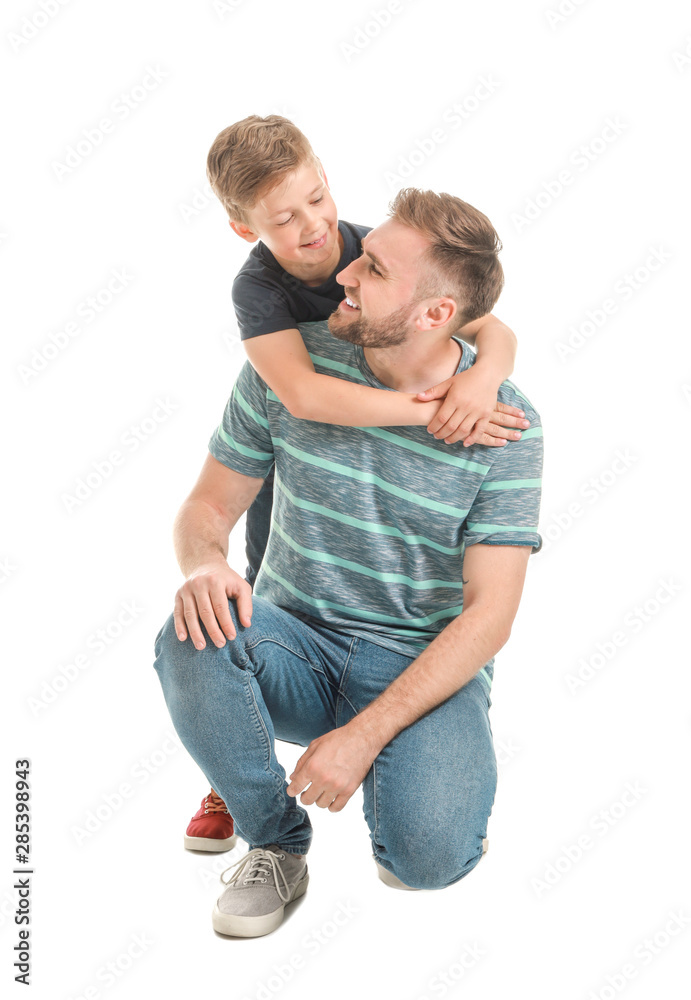 Portrait of happy father and son on white background Portrait of happy father and son on white background