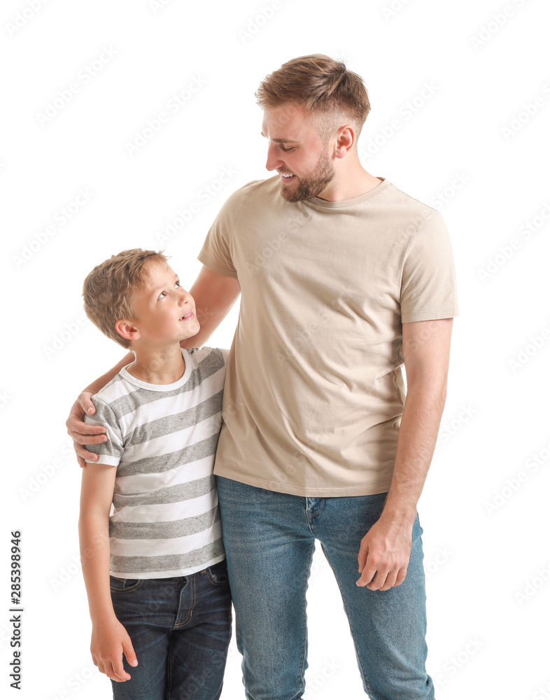 Portrait of happy father and son on white background Portrait of happy father and son on white background