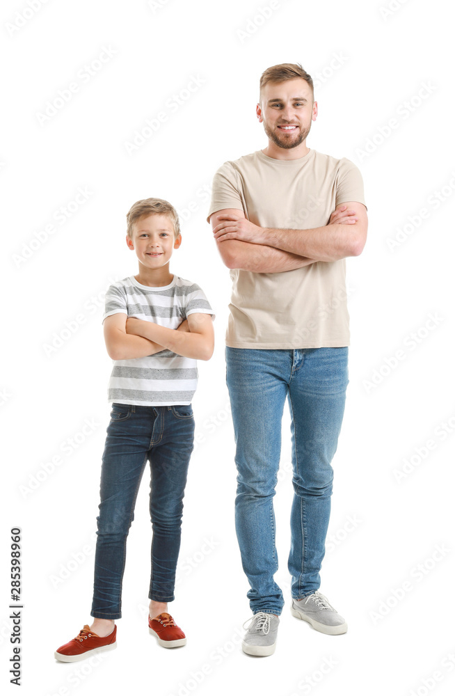 Portrait of happy father and son on white background Portrait of happy father and son on white background