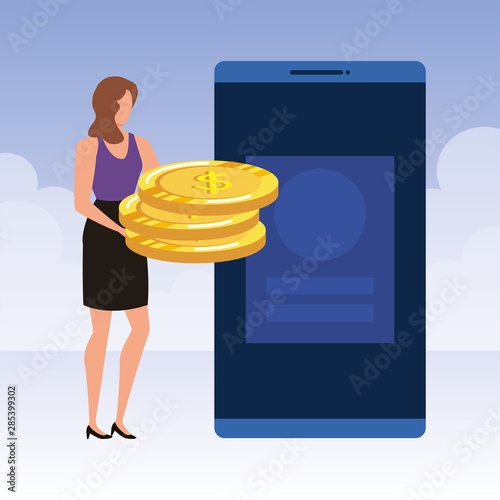 young woman with smartphone and money