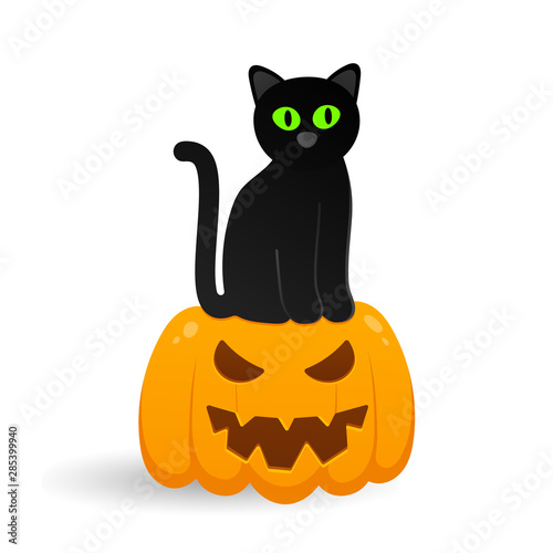 Cute black with cat sitting on halloween pumpkin with carved scary face flat style design vector illustration isolated on white background