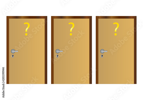 Tres puertas con interrogaciones amarillas.