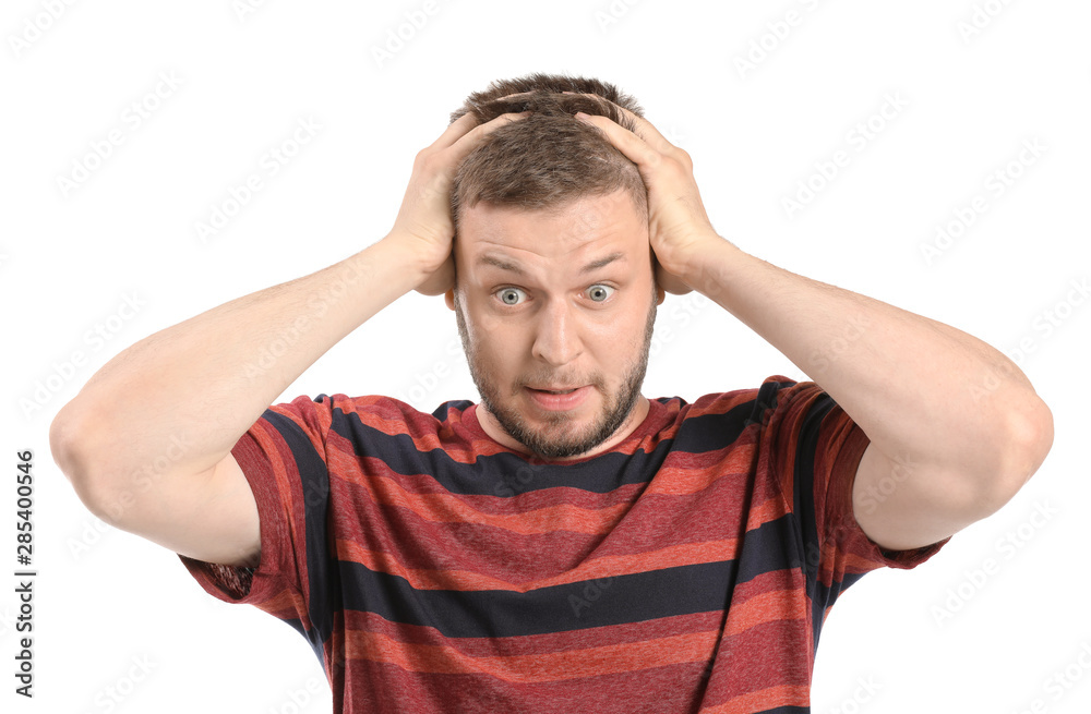 Man having panic attack on white background