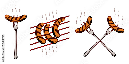 Fork with grilled sausages and grill grate with smoke. Crossed forks. Traditional bavarian beer snack food for Oktoberfest. Colored vector hand drawn illustration in retro inked engraving style