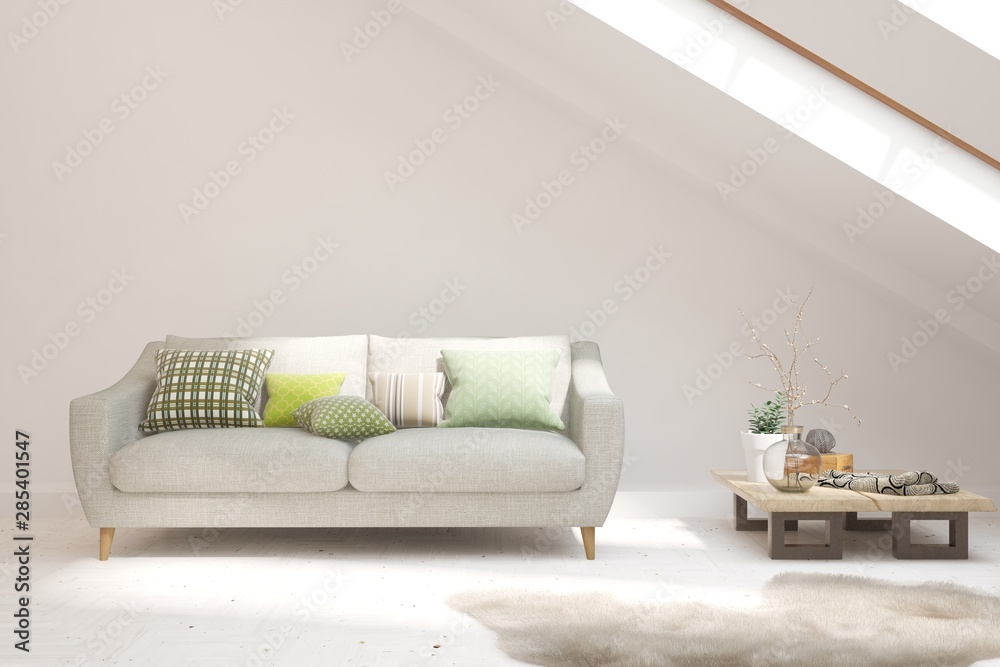 Obraz premium Stylish room in white color with sofa. Scandinavian interior design. 3D illustration