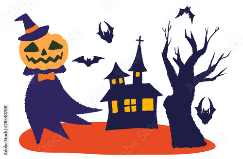 ハロウィン　お化けカボチャと魔女の家
