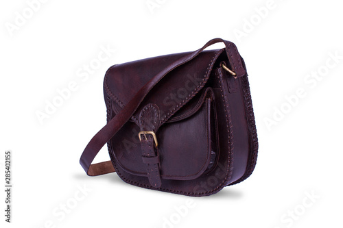 Side Angle Of Black Leather Bag On Isolated White Background