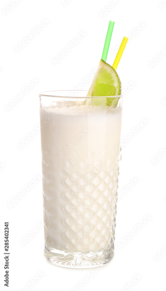 Glass of tasty Pina Colada cocktail on white background Glass of tasty Pina Colada cocktail on white background