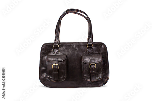 Dark Black Leather Bag On Isolated White Background, Two Pockets In Front