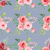 Seamless pattern, floral texture with watercolor flowers roses and leaves. Repeating fabric wallpaper print background. Perfectly for wrapping paper, backdrop, frame or border. 