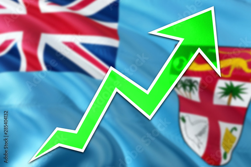 Fiji economy graph is indicating positive growth  green arrow going up with trend line. Business concept on national background.