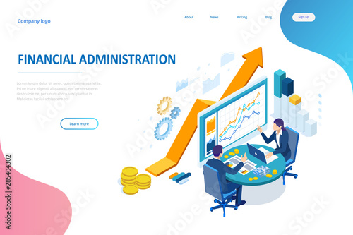 Isometric web business concept of financial administration, accounting, analysis, audit, financial report. Auditing tax process. Documents, graphics, charts, planner, calendar, report.