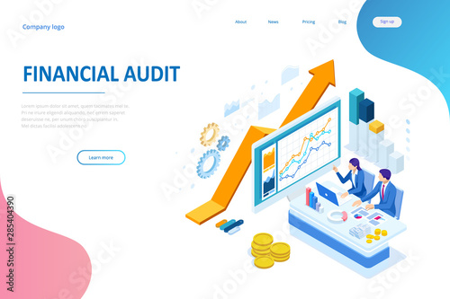 Isometric web business concept of financial administration, accounting, analysis, audit, financial report. Auditing tax process. Documents, graphics, charts, planner, calendar, report.