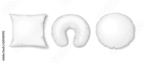 White square, round and travel pillows. Vector realistic sleep accessories mock up