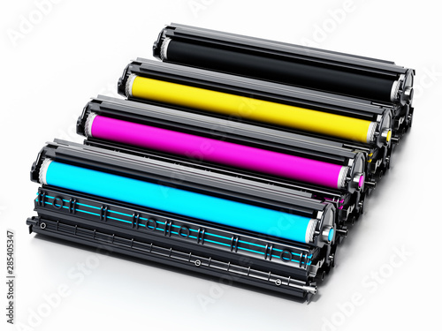 Stack of laser printer CMYK toners. 3D illustration