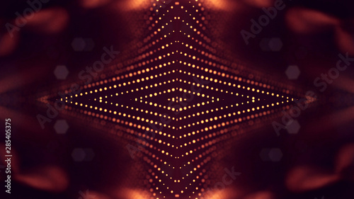 3d rendering background of glowing particles that form curved lines and 3d surfaces, grid with depth of field, bokeh. Microworld or sci-fi theme. Red gold pattern photo