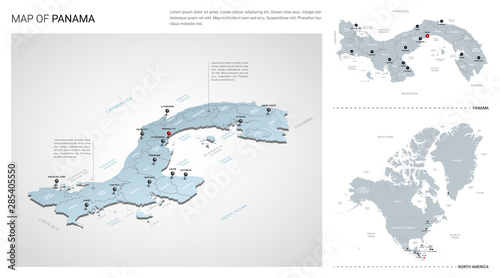 Vector set of Panama country. Isometric 3d map, Panama map, North America map - with region, state names and city names.