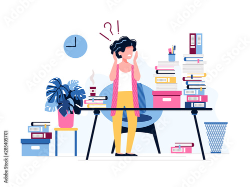 Annoyed female office worker. Exhausted businesswoman terrified of the huge amount of work.  Burnout syndrome. Stress, problems and depression at work. Vector illustration. Office work concept. 