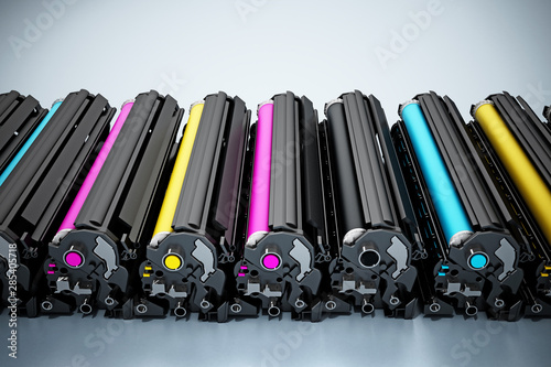 Stack of laser printer CMYK toners. 3D illustration
