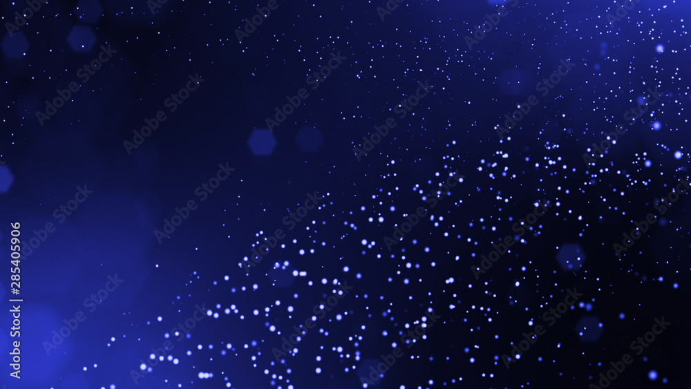Naklejka premium 3d rendering of glow particles that fly in air as science fiction of microcosm or macro world or sci-fi. Abstract composition with depth of field and glow in dark with bokeh effects. Blue