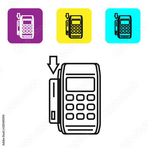 Black line Pos terminal with inserted credit card icon isolated on white background. Payment terminal transaction. Pay by card. Set icons colorful square buttons. Vector Illustration