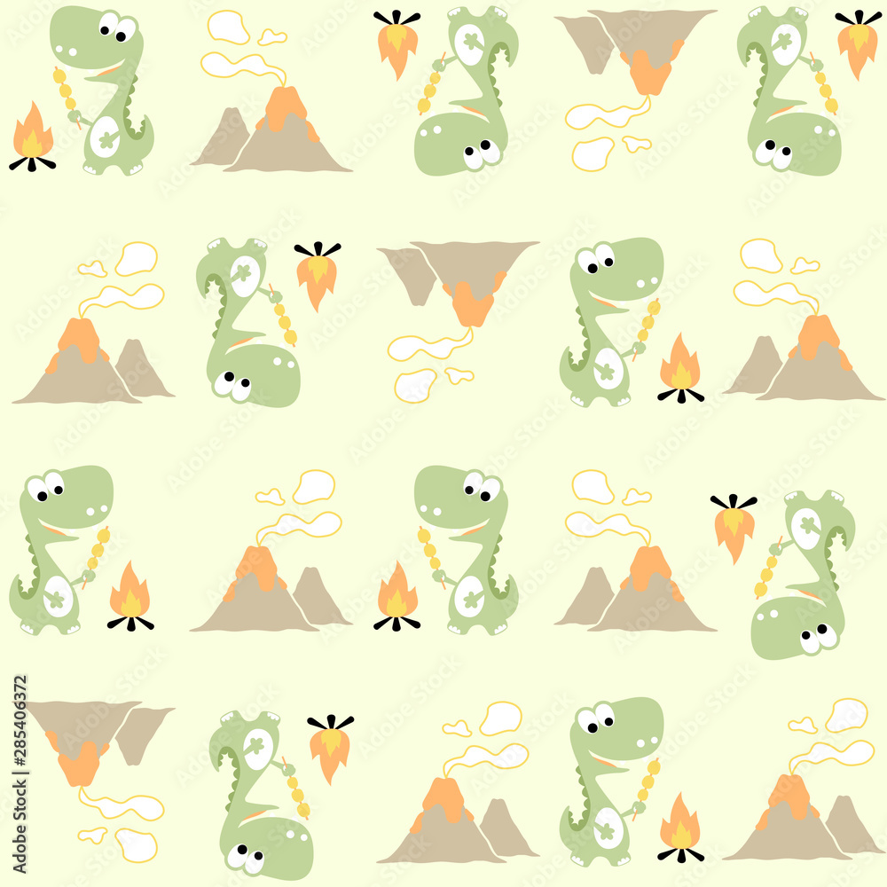 Vector cartoon seamless pattern with cute dinosaurs, volcanoes eruption