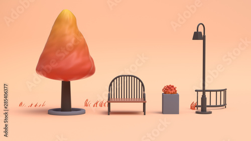 3d rendering cartoon style tree nature autumn orange colorful scene