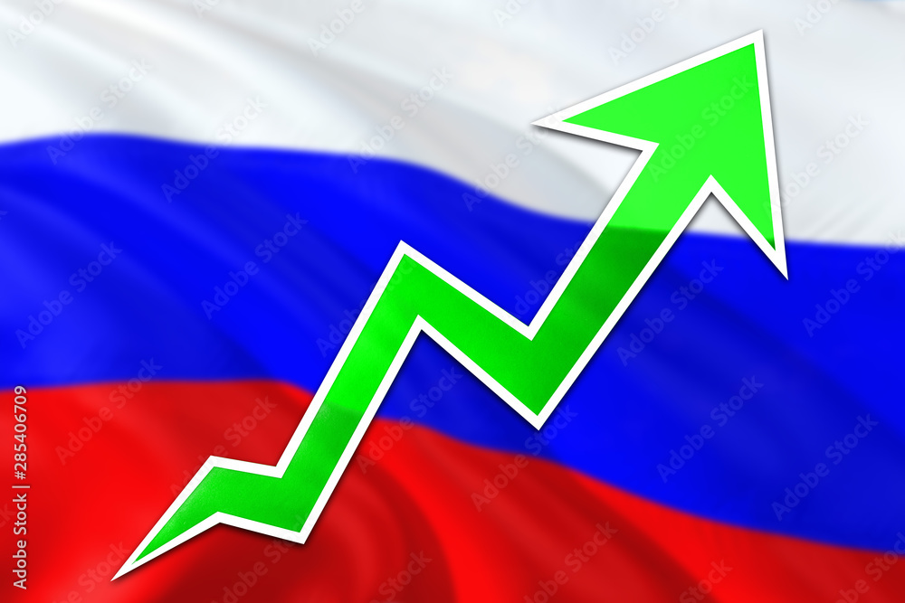 Fototapeta premium Russia economy graph is indicating positive growth, green arrow going up with trend line. Business concept on national background.