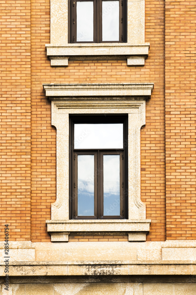 Close-up symmetrical brick building Close-up symmetrical brick building