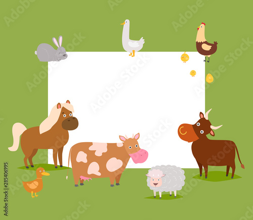 Farm animals vector frame illustration. Cow, hourse, chicken and duck with rabbit and sheep. Card template for birthdays and parties with space for your text. Cute cartoon farm animals.