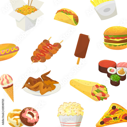 Fast food vector pattern. Hamburger, pitzza, roasted chicken and pop corn with sushi and icre cream isolated on white background. Wallpaper with an images of tasty fast food. photo