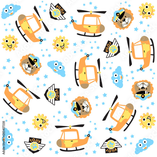 vector cartoon seamless pattern with lion the helicopter pilot, sky objects.
