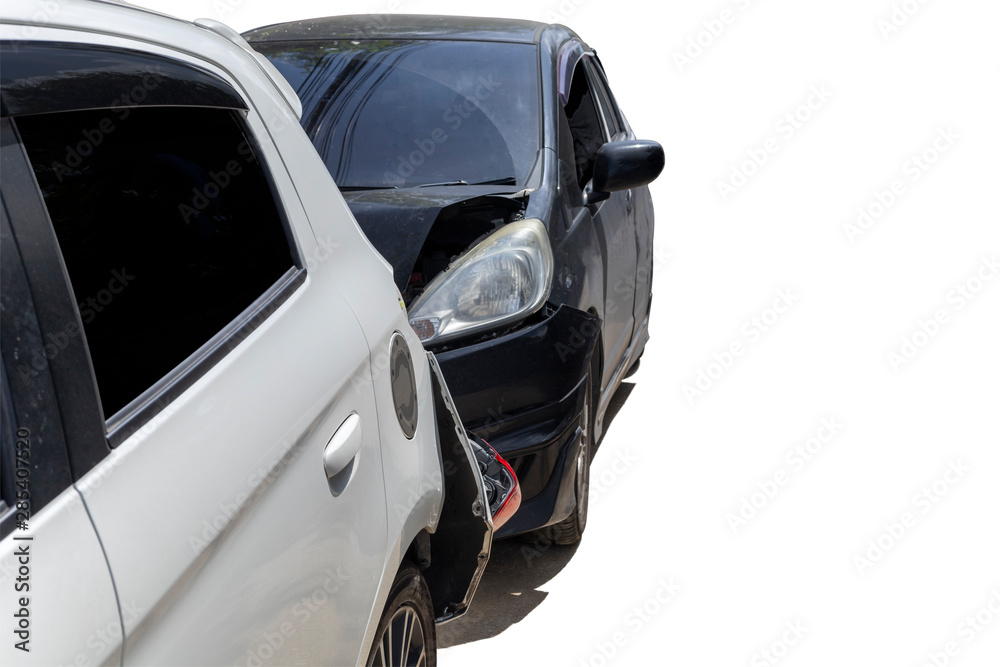 Front of black color car crash with back side of white color car damaged and broken by accident. Isolate on white background. with copy space for text or design. Save with cliping path.