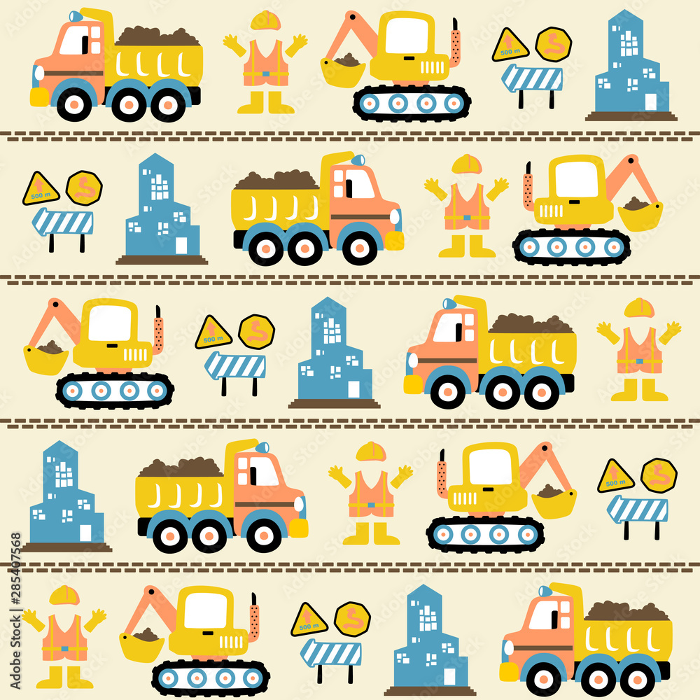 vector cartoon seamless pattern with construction vehicles, construction signs, worker uniform, buildings.