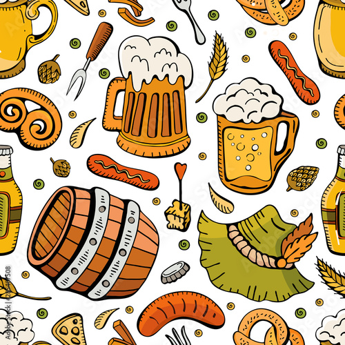 Cartoon cute Doodle hand drawn Oktoberfest seamless pattern. Beer icons. Colorful detail, with lots of background objects. Endless funny vector illustration. Bright color background